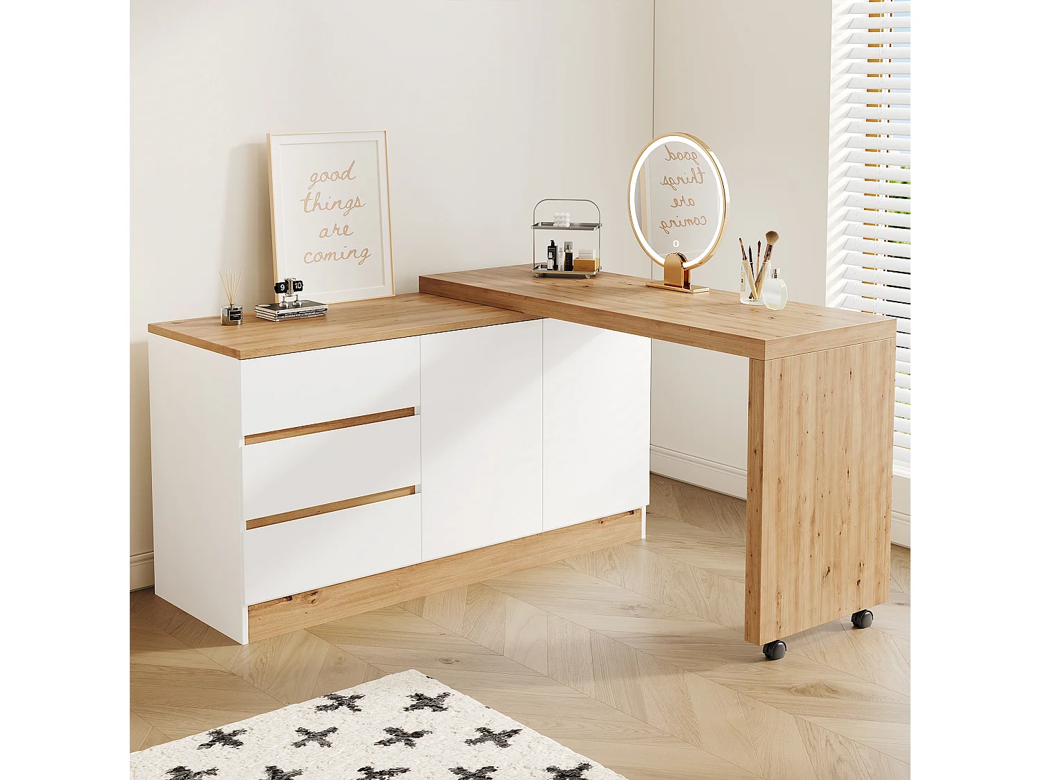 Bureau d'angle pivotant avec roulettes verrouillables, 2 portes et 3 tiroirs - Panneaux de particules - 120x50x78 cm - Chêne et blanc
