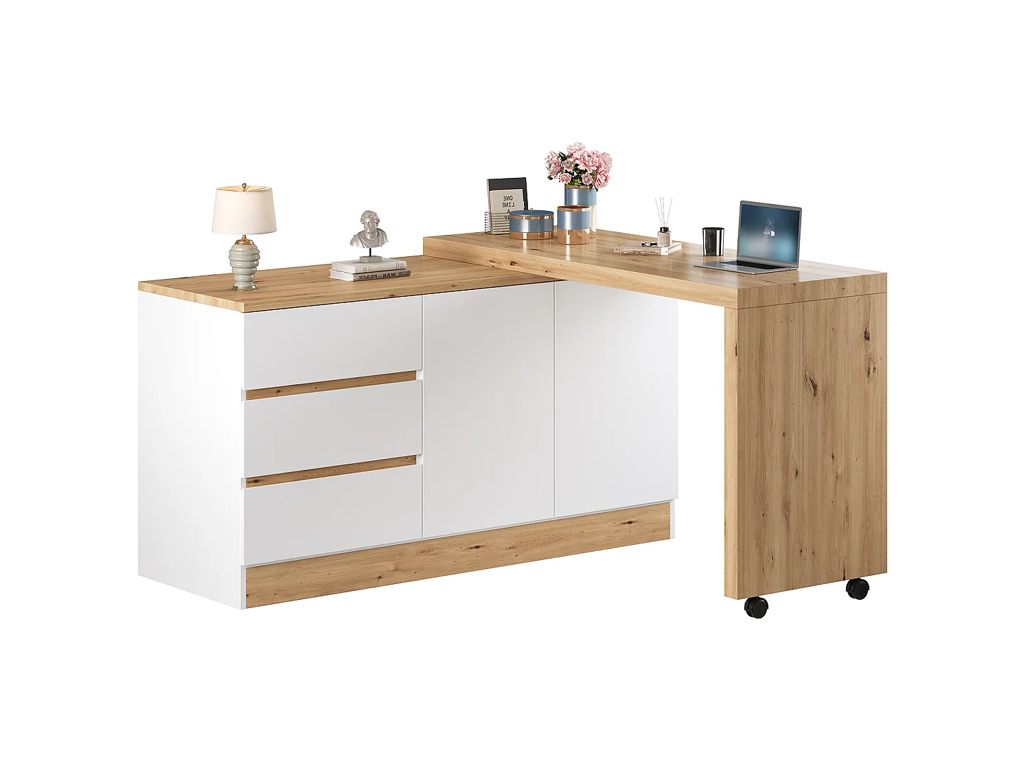 Bureau d'angle pivotant avec roulettes verrouillables, 2 portes et 3 tiroirs - Panneaux de particules - 120x50x78 cm - Chêne et blanc