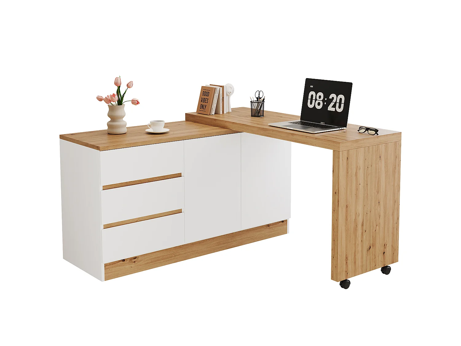 Bureau d'angle pivotant avec roulettes verrouillables, 2 portes et 3 tiroirs - Panneaux de particules - 120x50x78 cm - Chêne et blanc