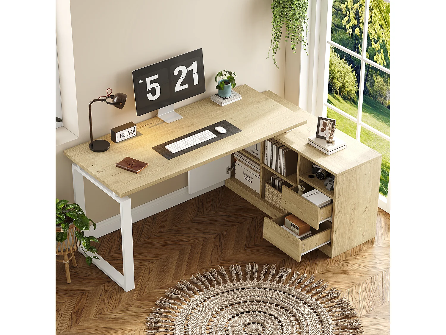 Escrivaninha de canto com 2 gavetas, 3 prateleiras abertas e 1 porta - 152 x 113,5 x 76 cm - MDF e metal - Prateleiras ajustáveis - Madeira natural e branco