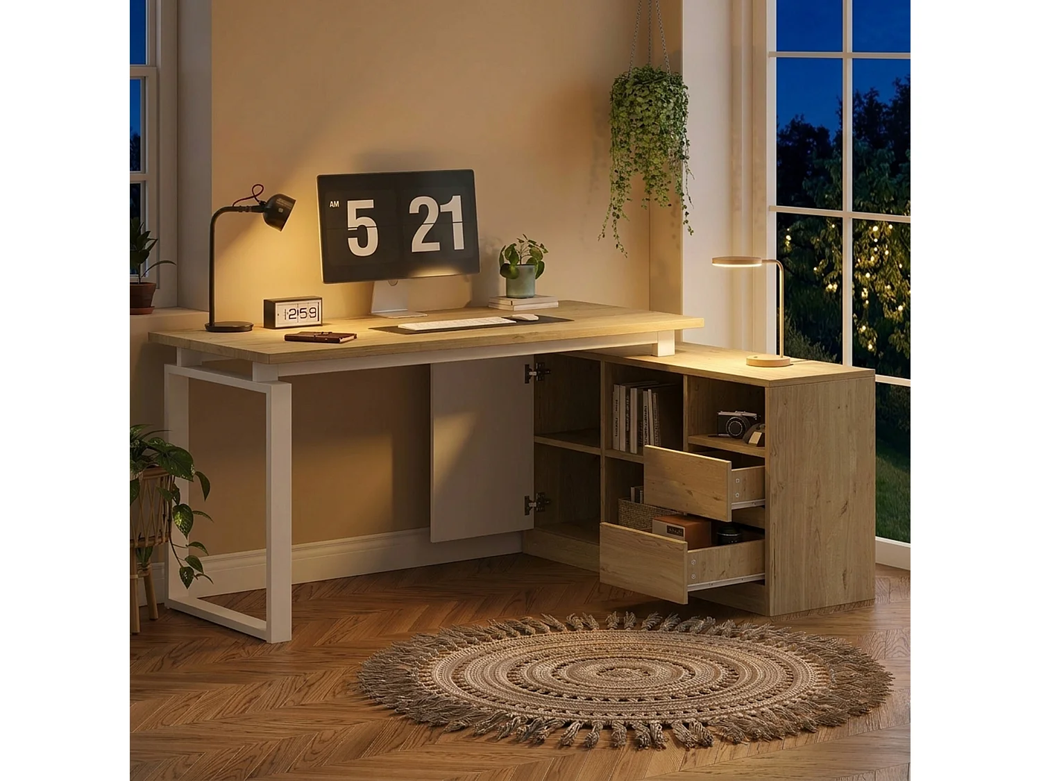 Escrivaninha de canto com 2 gavetas, 3 prateleiras abertas e 1 porta - 152 x 113,5 x 76 cm - MDF e metal - Prateleiras ajustáveis - Madeira natural e branco