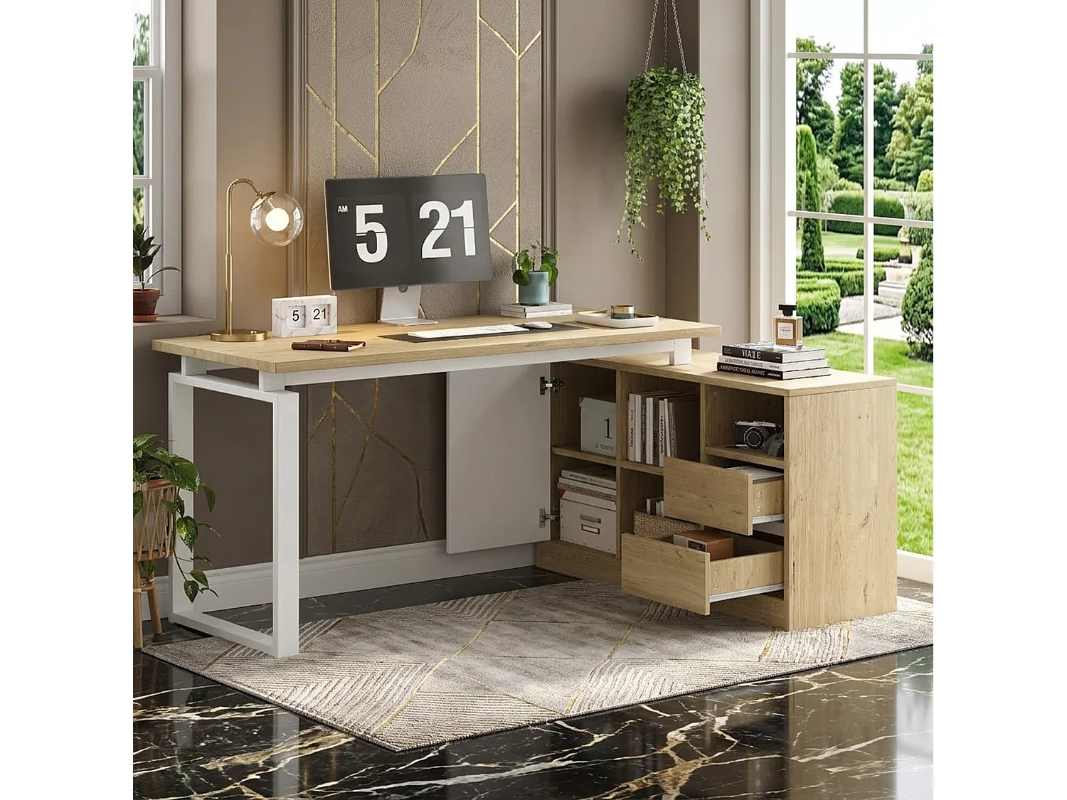 Escrivaninha de canto com 2 gavetas, 3 prateleiras abertas e 1 porta - 152 x 113,5 x 76 cm - MDF e metal - Prateleiras ajustáveis - Madeira natural e branco