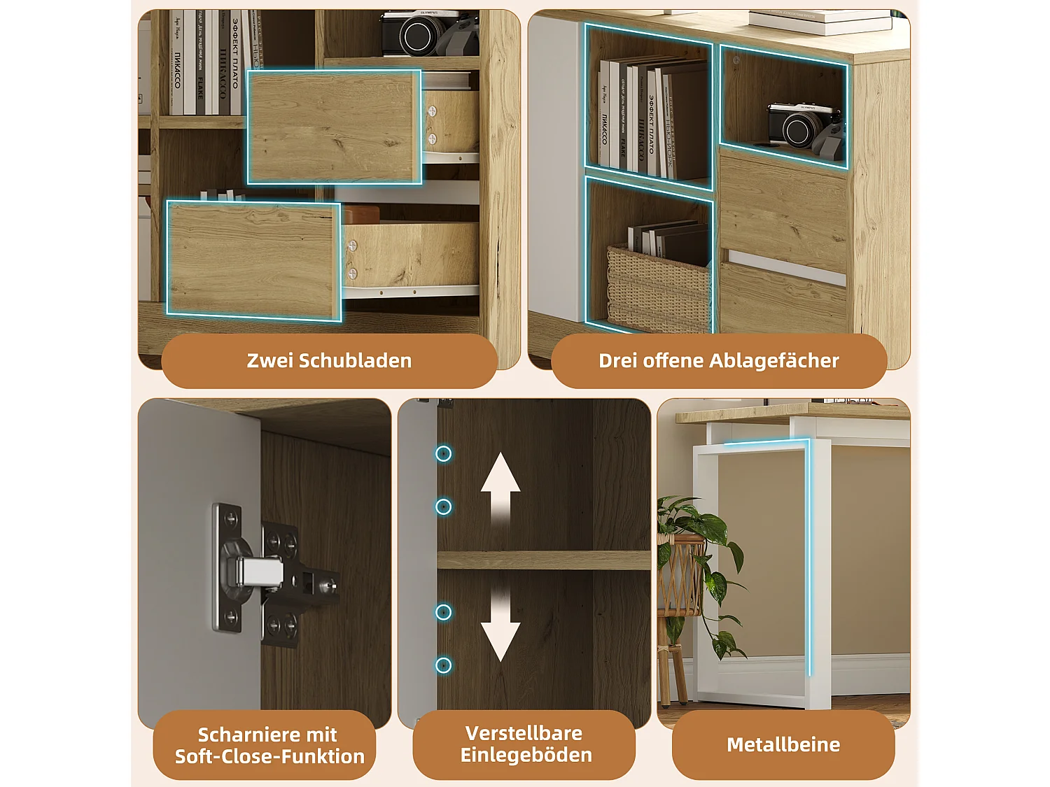 Escrivaninha de canto com 2 gavetas, 3 prateleiras abertas e 1 porta - 152 x 113,5 x 76 cm - MDF e metal - Prateleiras ajustáveis - Madeira natural e branco