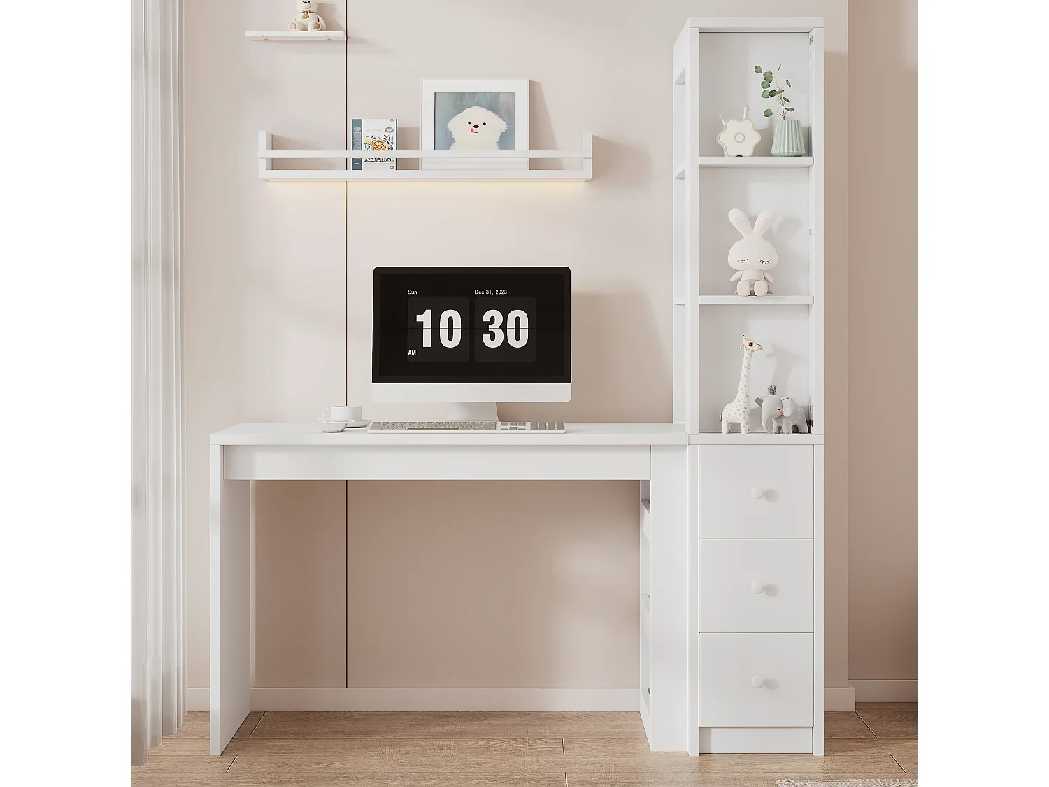 Bureau met geïntegreerde boekenkast, 3 lades en kast - 150 x 50 x 180 cm - MDF - Wit