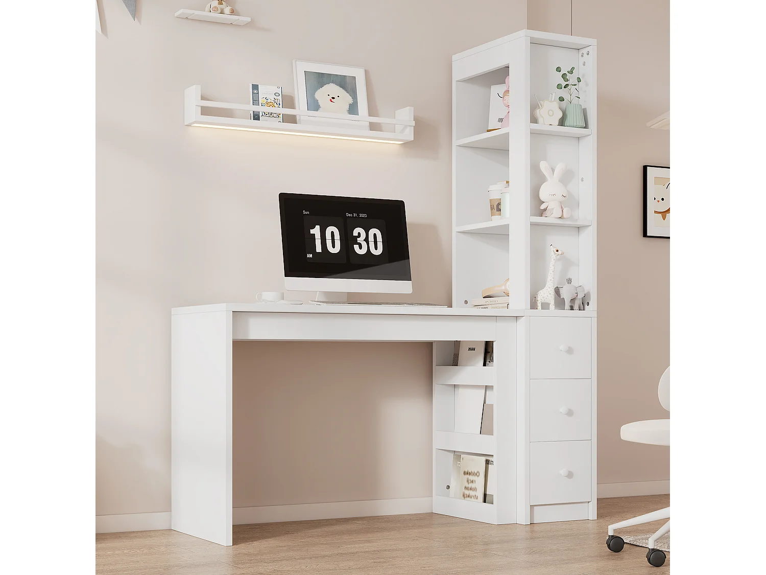 Bureau met geïntegreerde boekenkast, 3 lades en kast - 150 x 50 x 180 cm - MDF - Wit
