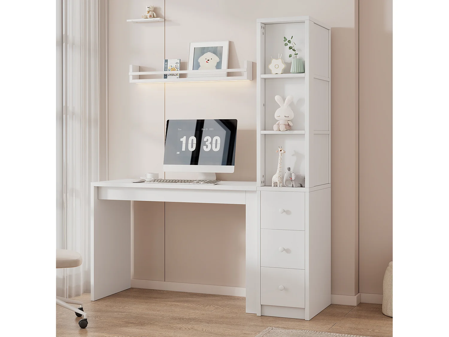 Bureau met geïntegreerde boekenkast, 3 lades en kast - 150 x 50 x 180 cm - MDF - Wit