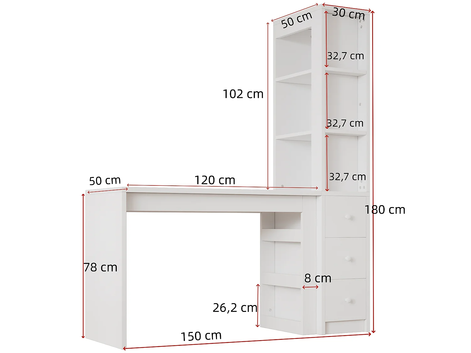 Bureau met geïntegreerde boekenkast, 3 lades en kast - 150 x 50 x 180 cm - MDF - Wit