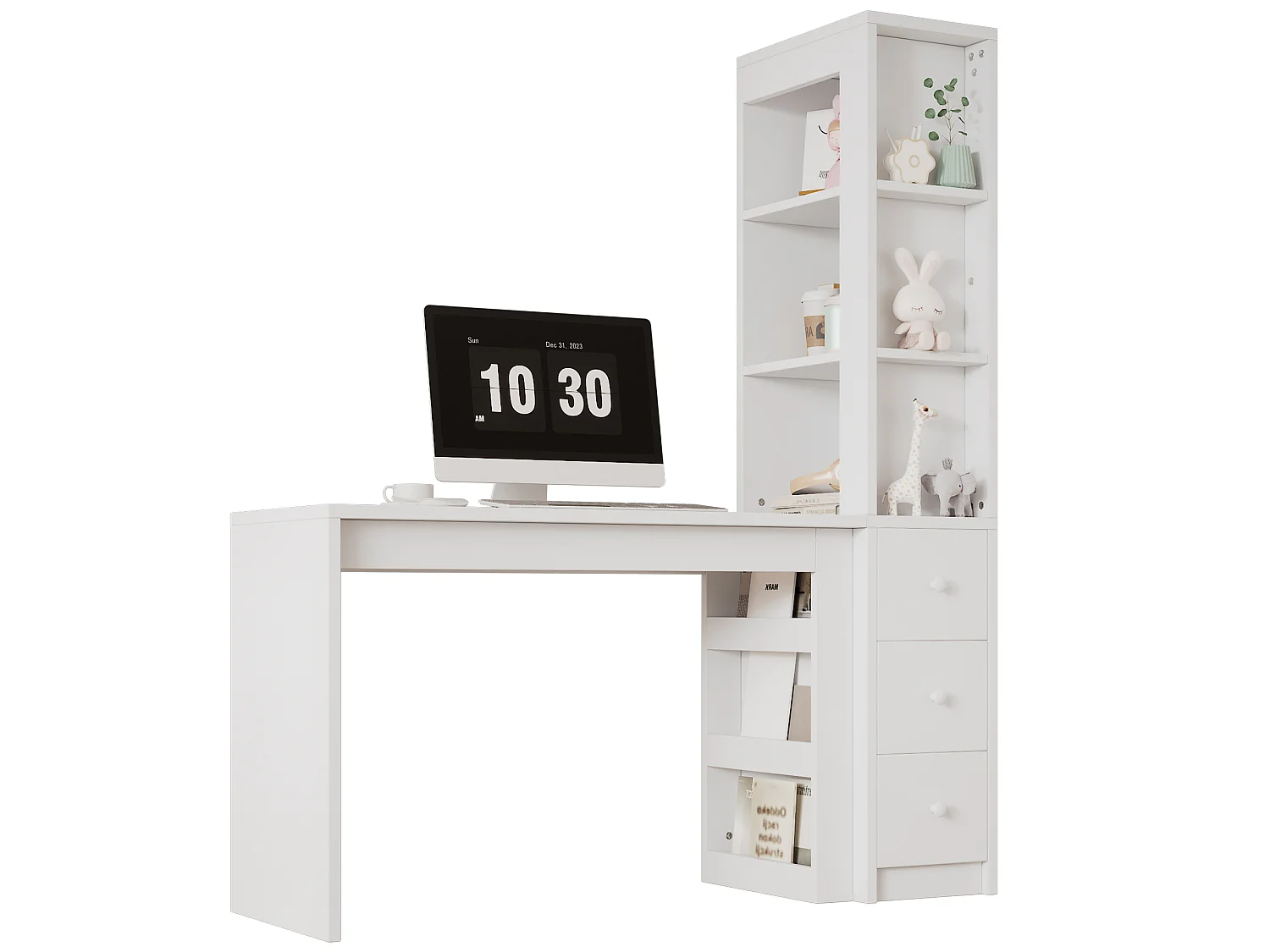 Bureau met geïntegreerde boekenkast, 3 lades en kast - 150 x 50 x 180 cm - MDF - Wit