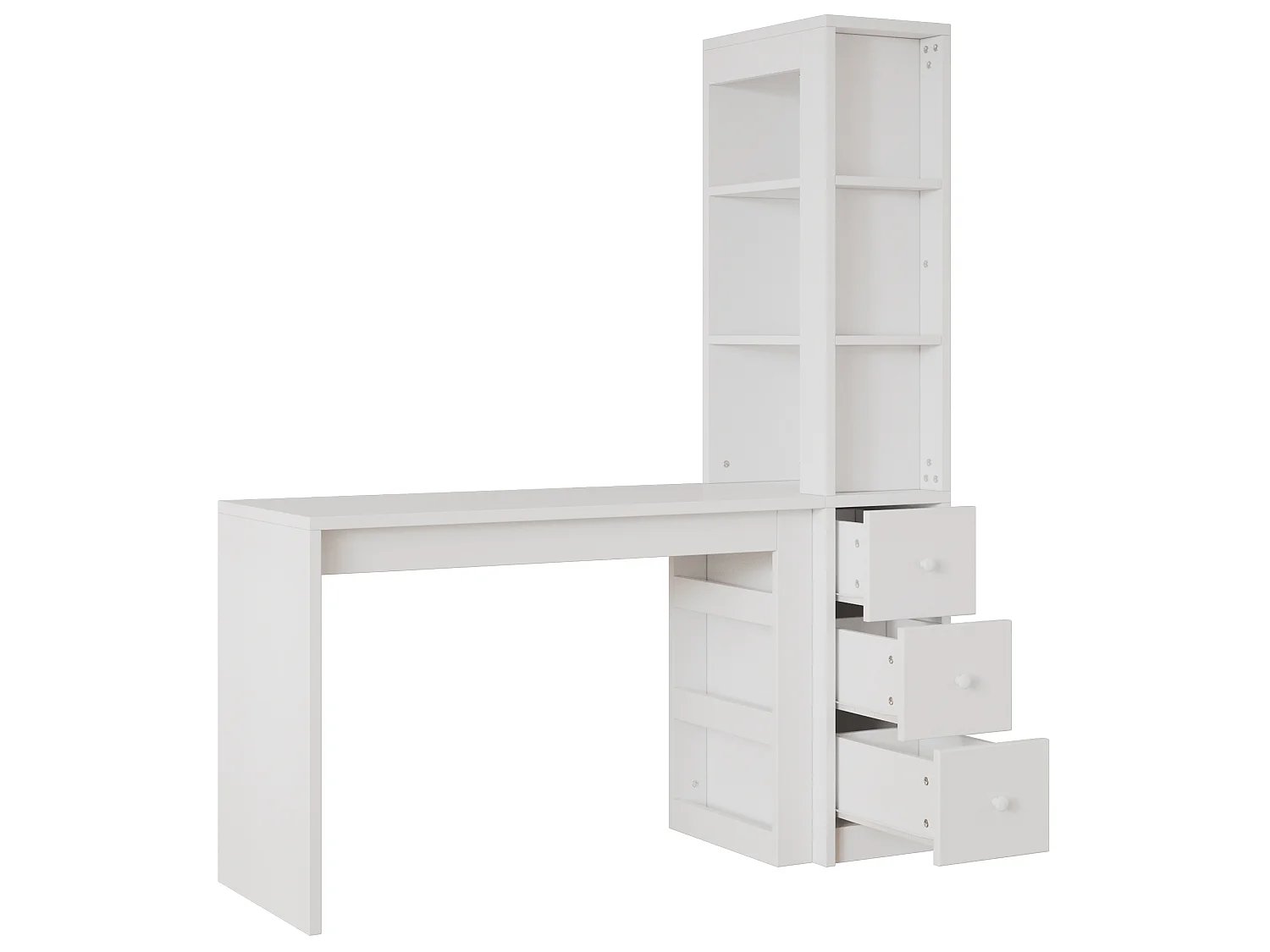Bureau met geïntegreerde boekenkast, 3 lades en kast - 150 x 50 x 180 cm - MDF - Wit