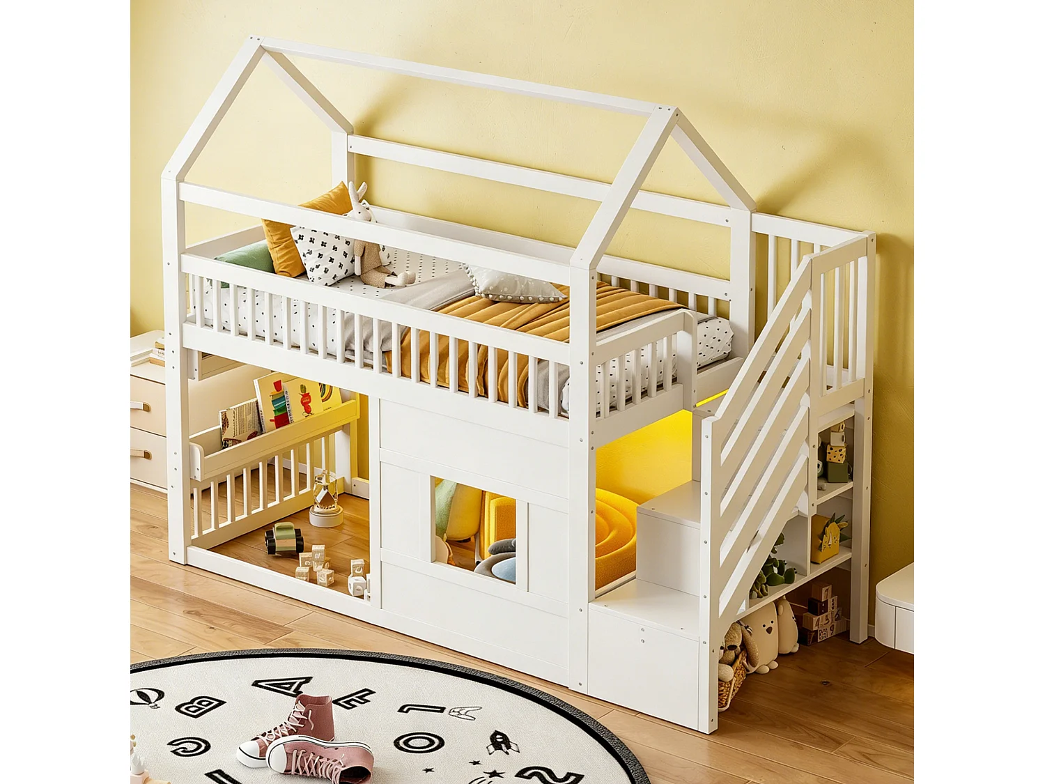 Łóżko Średniej wysokości domek zabaw 90 x 200 cm ze schodami do przechowywania i oświetleniem LED - MDF + sosna - biały (materac nie jest wliczony w cenę)
