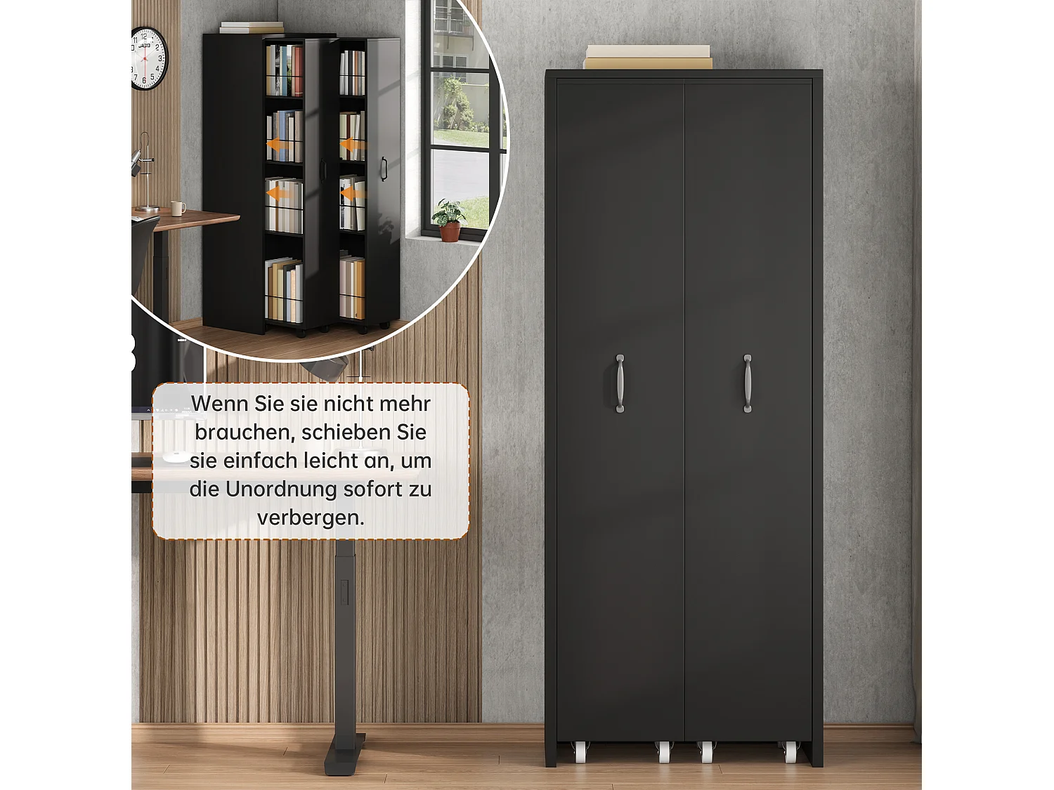 Estante extensível com rodízios, 4 prateleiras reversíveis (esquerda/direita) - MDF - 51,5 x 41 x 158 cm - Preta