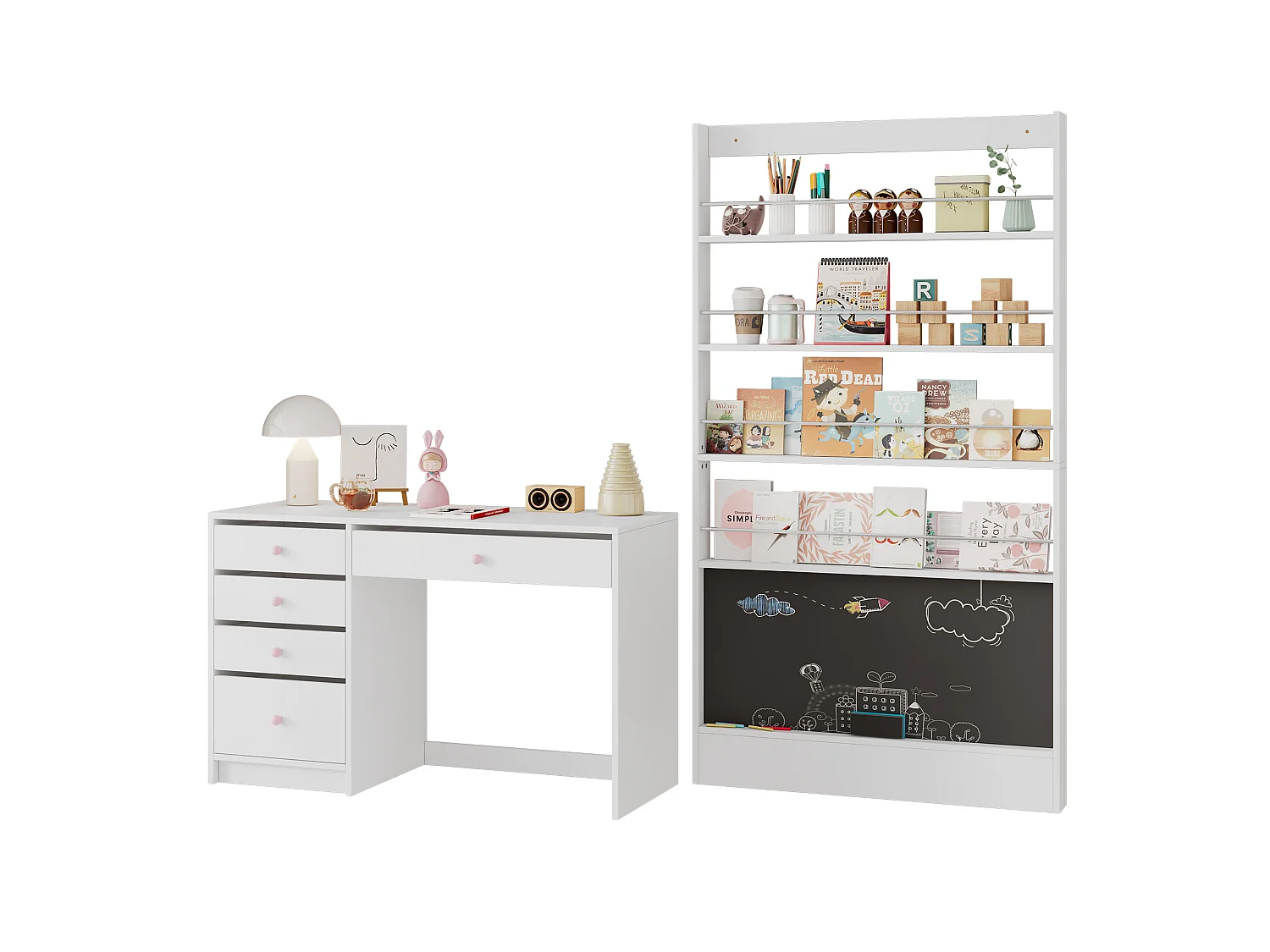Kinderbureau en boekenkastset met 5 lades - 120 x 45 x 74 cm + 100 x 10 x 180 cm - MDF - Wit