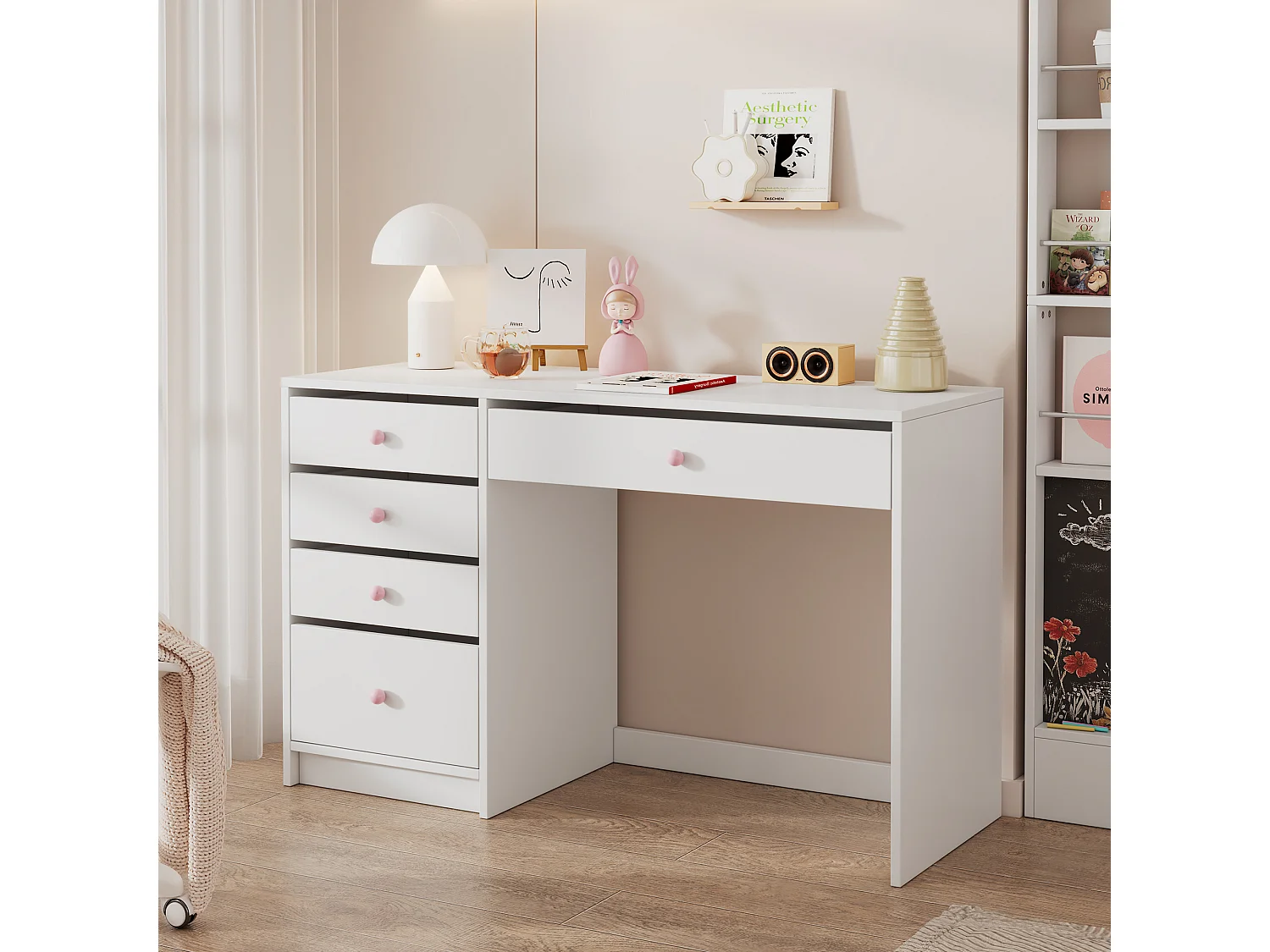 Kinderbureau en boekenkastset met 5 lades - 120 x 45 x 74 cm + 100 x 10 x 180 cm - MDF - Wit