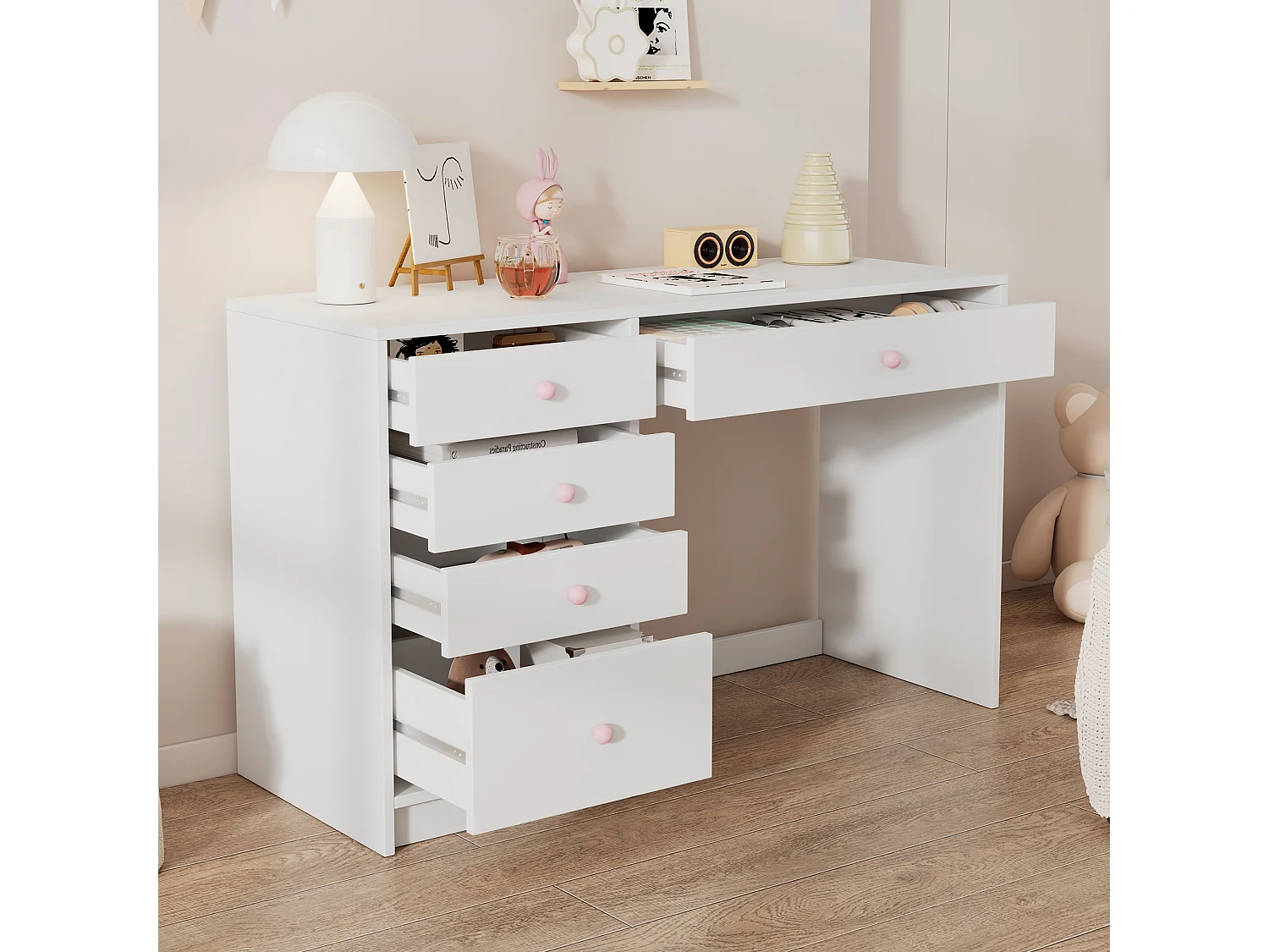 Kinderbureau en boekenkastset met 5 lades - 120 x 45 x 74 cm + 100 x 10 x 180 cm - MDF - Wit