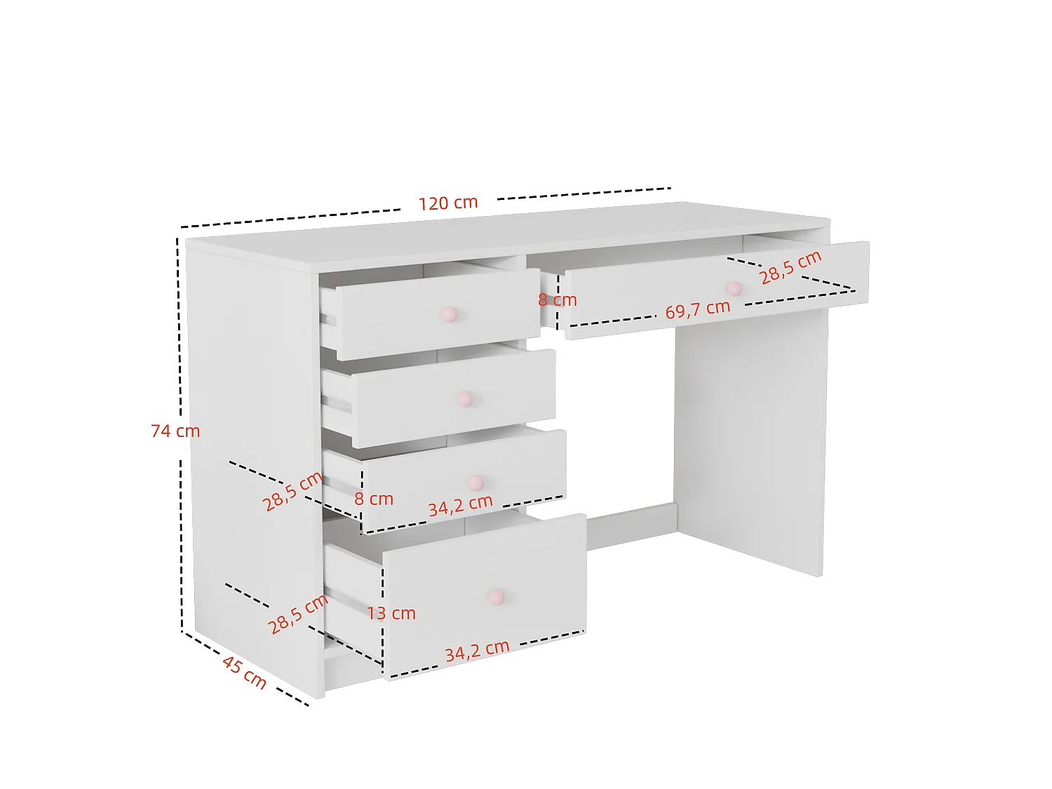 Kinderbureau en boekenkastset met 5 lades - 120 x 45 x 74 cm + 100 x 10 x 180 cm - MDF - Wit