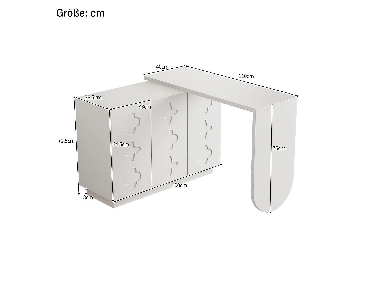 Bureau d'angle pivotant avec 3 portes, coiffeuse - 110 x 40 x 75 cm - MDF - Blanc