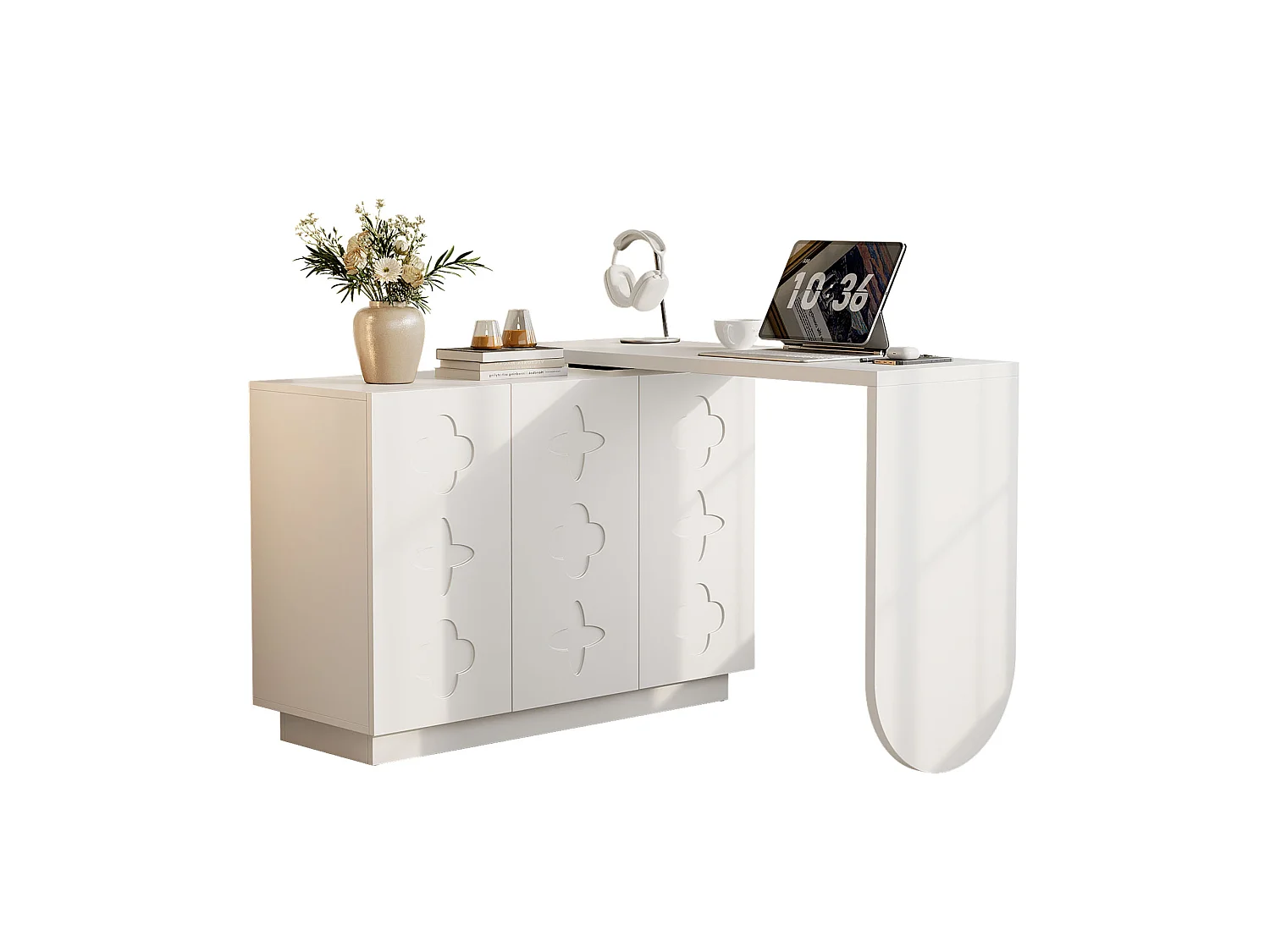 Bureau d'angle pivotant avec 3 portes, coiffeuse - 110 x 40 x 75 cm - MDF - Blanc