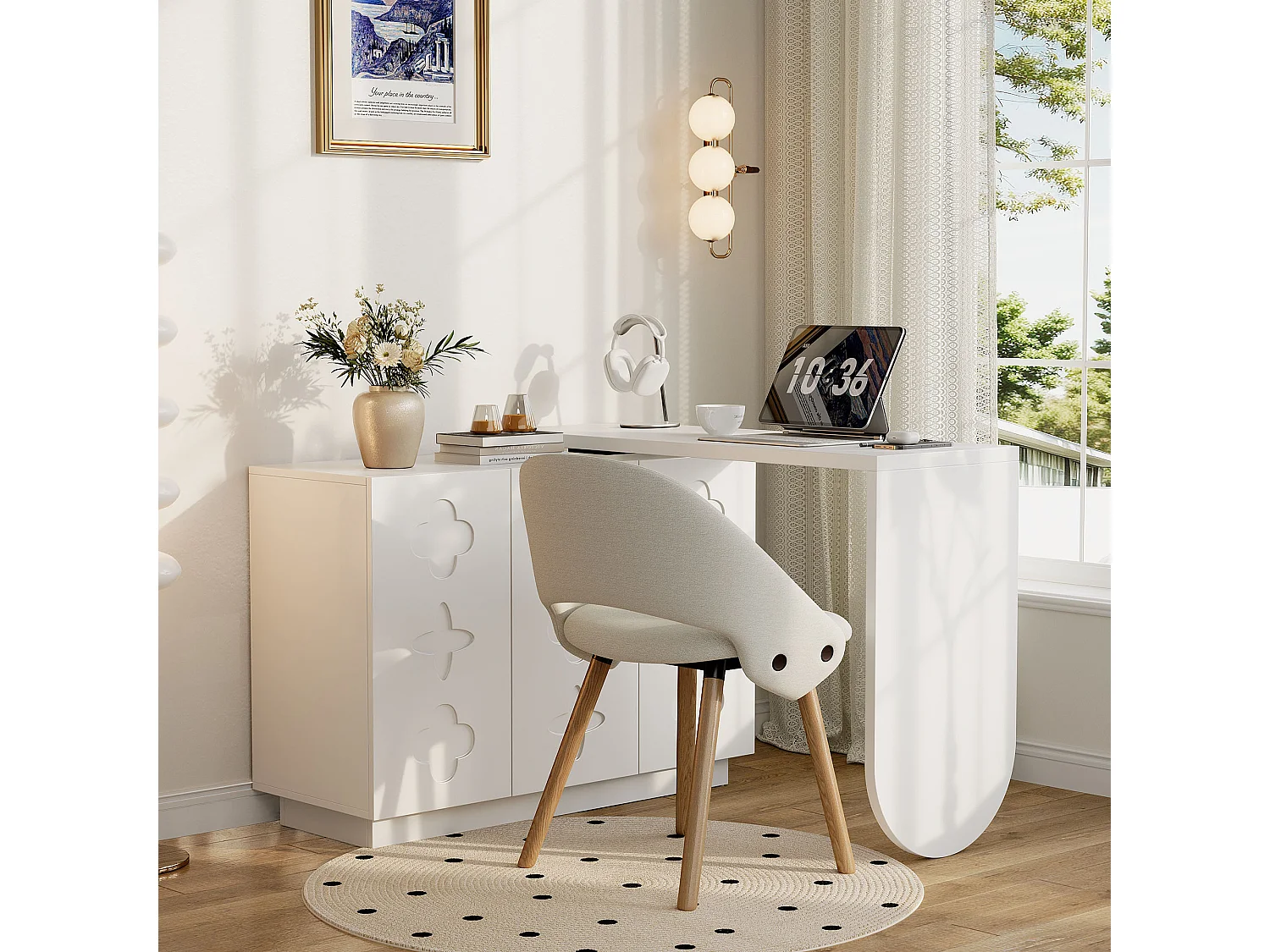 Bureau d'angle pivotant avec 3 portes, coiffeuse - 110 x 40 x 75 cm - MDF - Blanc