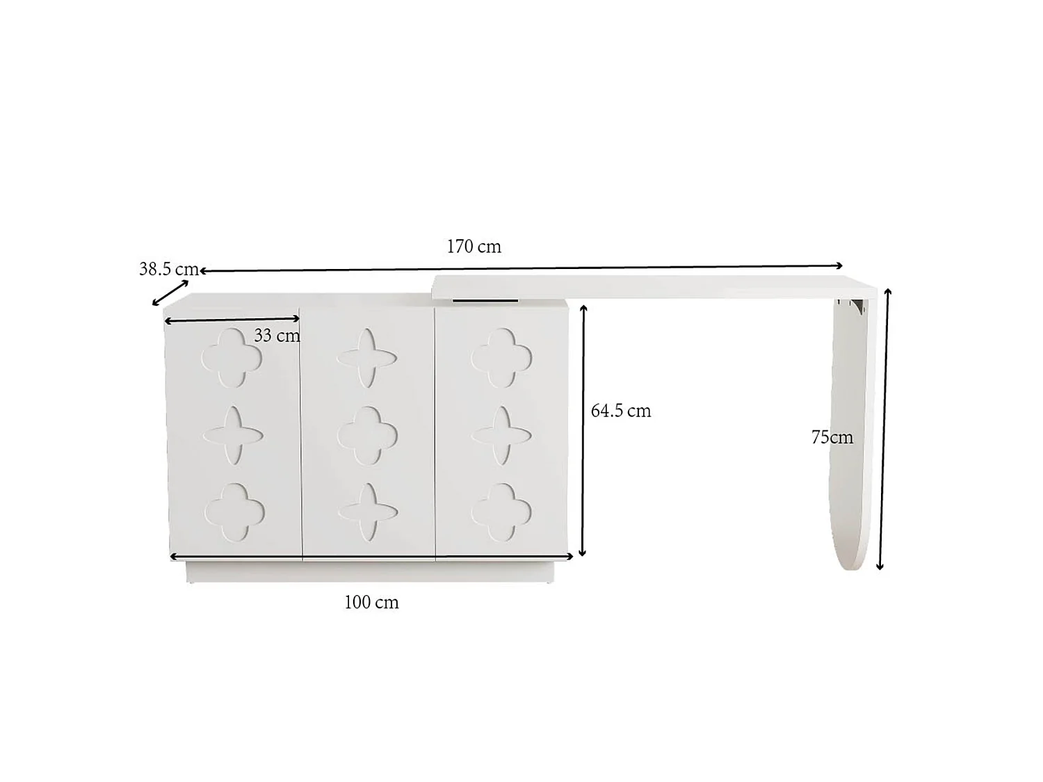 Bureau d'angle pivotant avec 3 portes, coiffeuse - 110 x 40 x 75 cm - MDF - Blanc