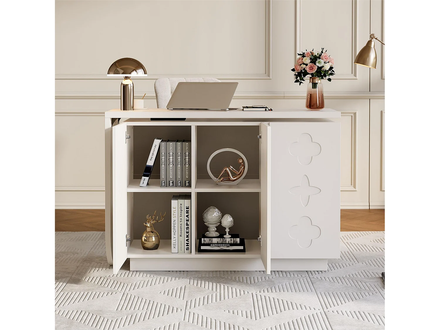 Bureau d'angle pivotant avec 3 portes, coiffeuse - 110 x 40 x 75 cm - MDF - Blanc