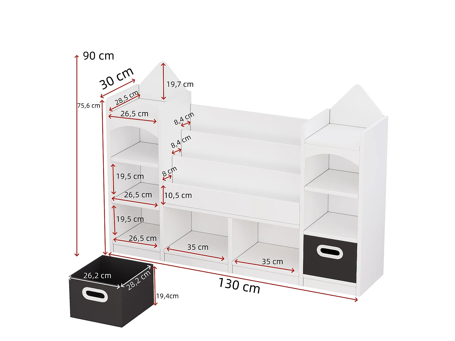 Estante infantil com prateleiras e 2 caixas dobráveis - 130 x 30 x 90 cm - MDF - Branca