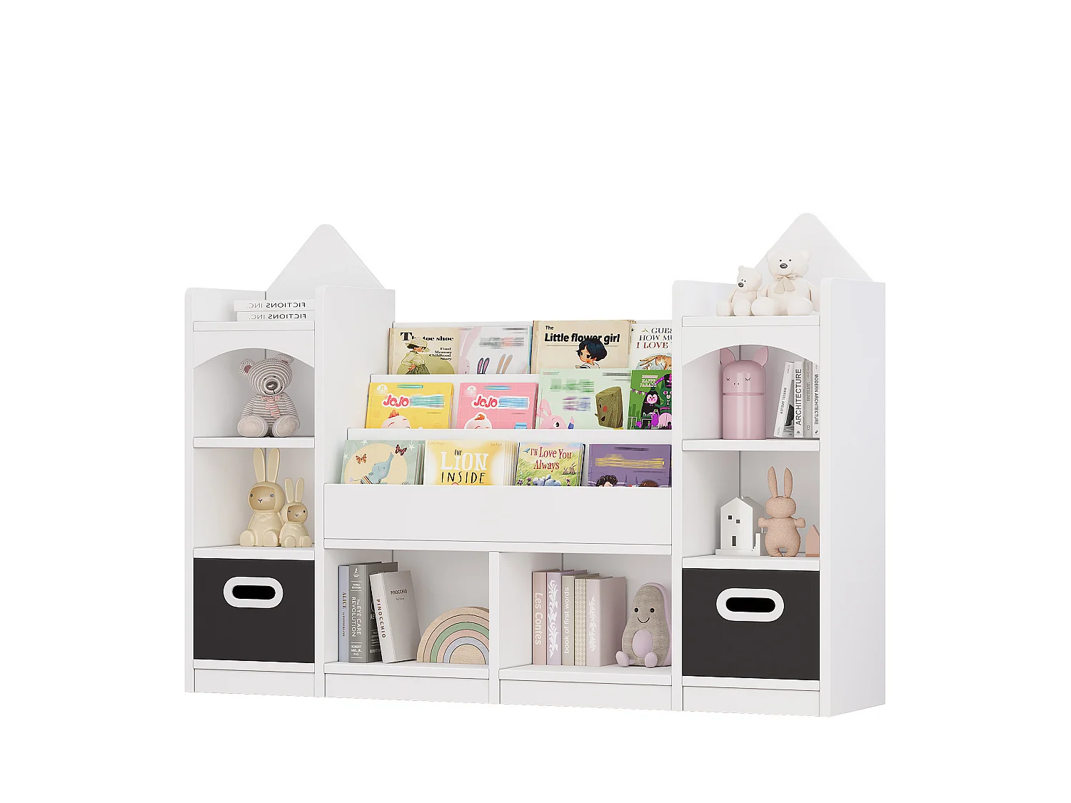 Estante infantil com prateleiras e 2 caixas dobráveis - 130 x 30 x 90 cm - MDF - Branca