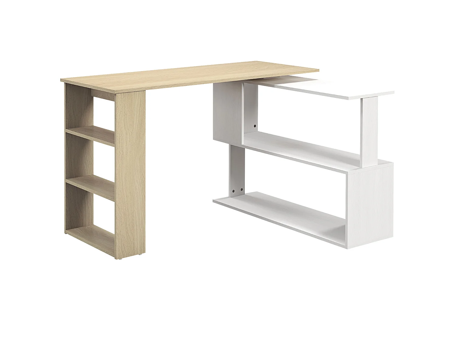 Bureau d'angle modulable bibliothèque intégrée 3 étagères 3 niches blanc naturel