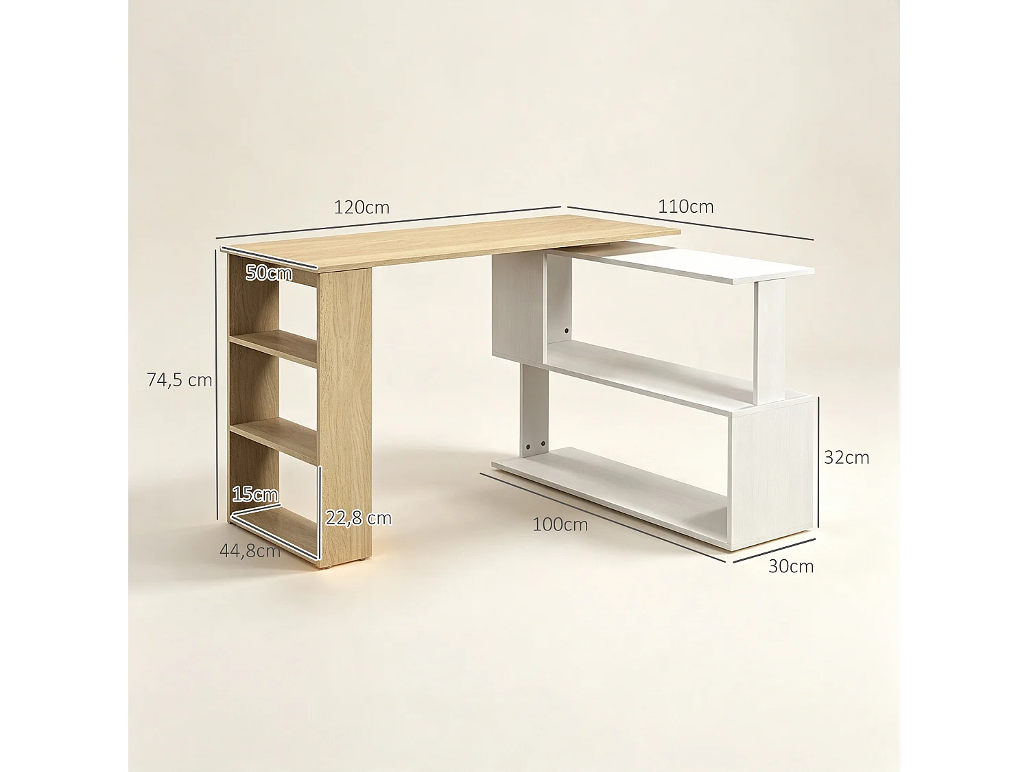 Bureau d'angle modulable bibliothèque intégrée 3 étagères 3 niches blanc naturel