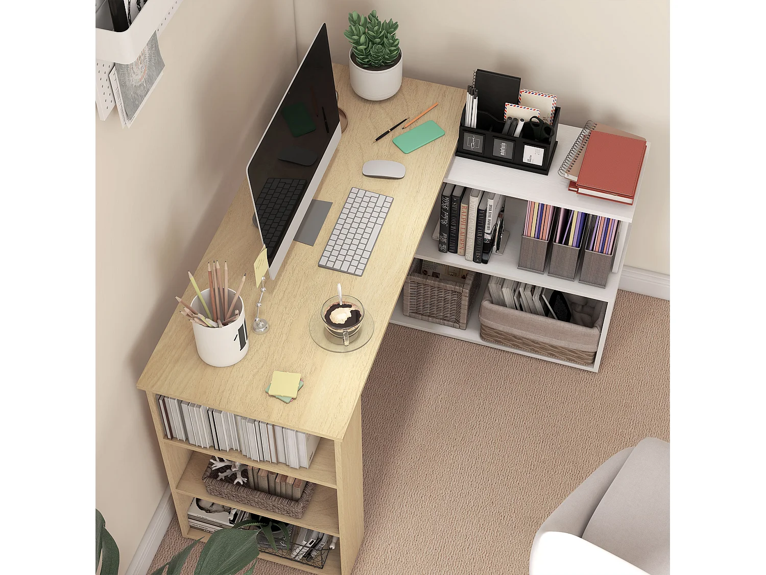 Bureau d'angle modulable bibliothèque intégrée 3 étagères 3 niches blanc naturel