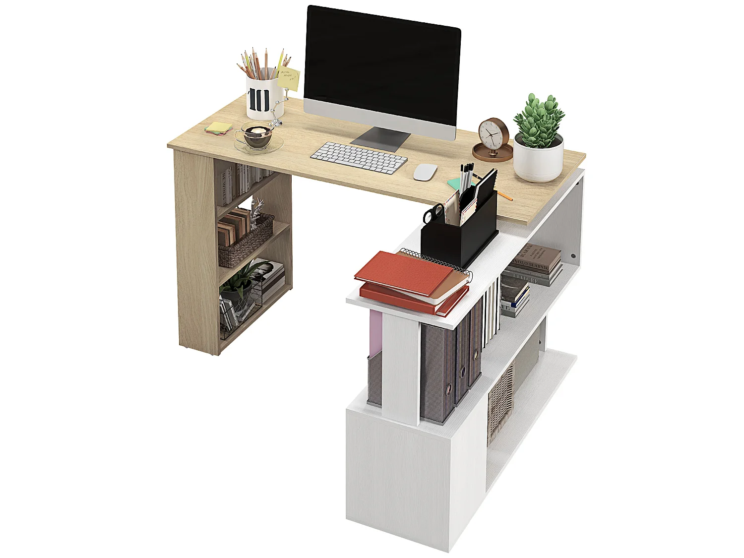 Bureau d'angle modulable bibliothèque intégrée 3 étagères 3 niches blanc naturel