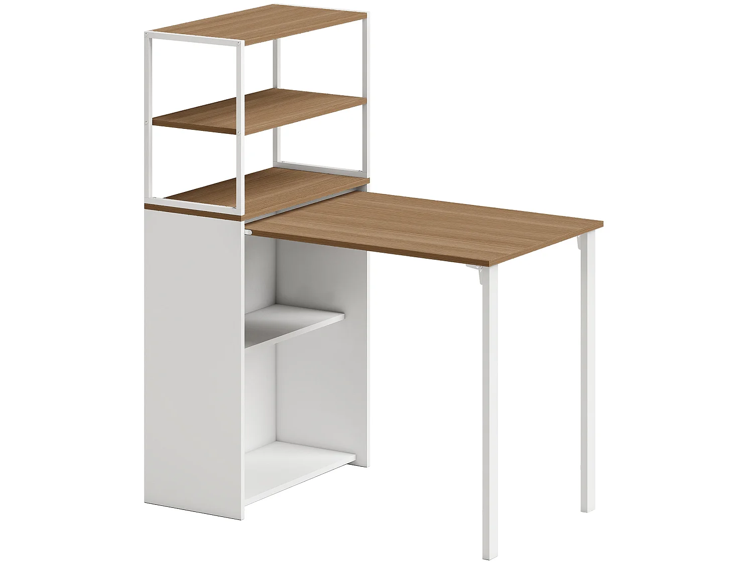 Bureau pliable rabattable - bureau bibliothèque 2 en 1 - 4 étagères - acier blanc effet bois naturel
