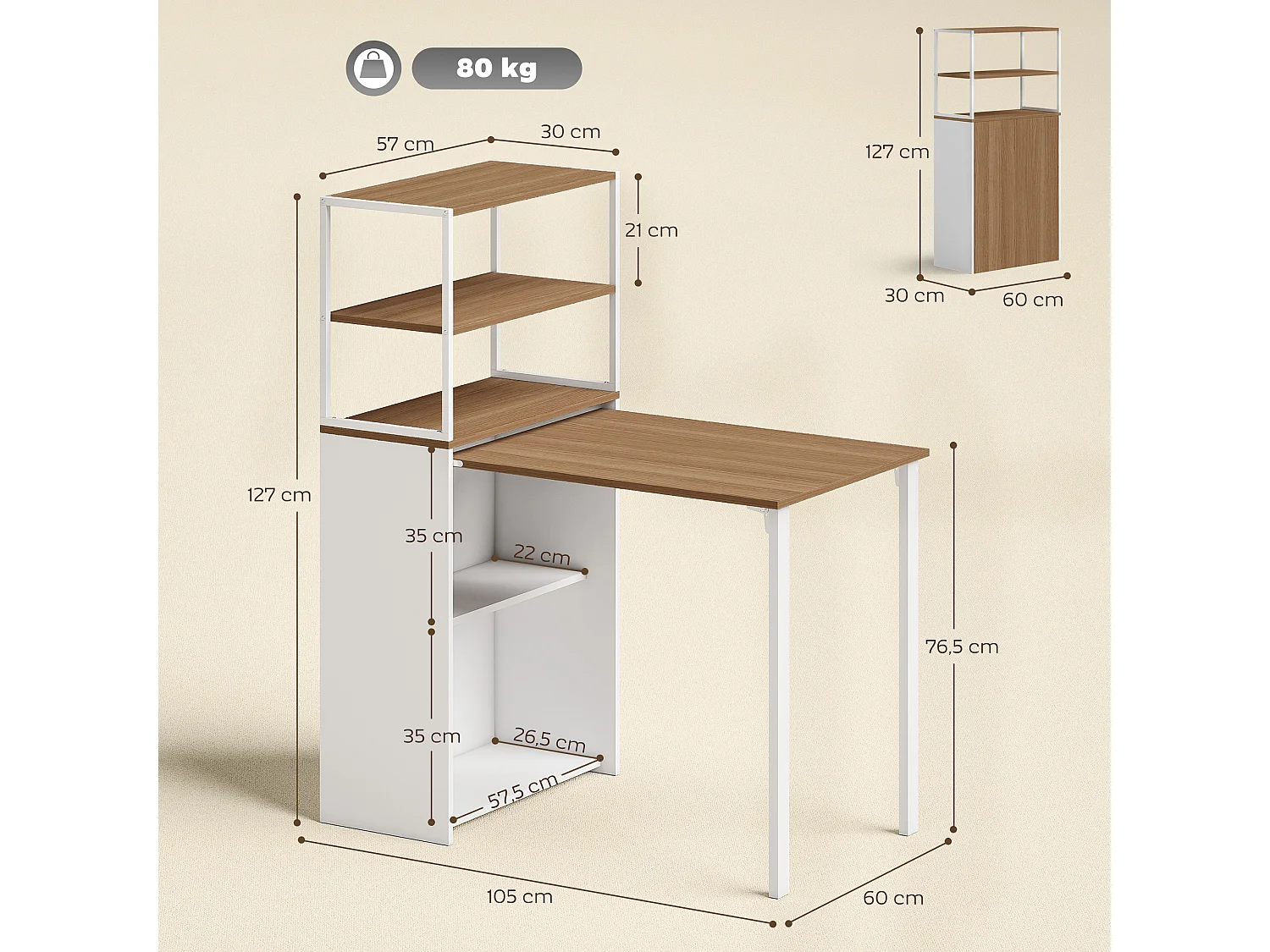 Bureau pliable rabattable - bureau bibliothèque 2 en 1 - 4 étagères - acier blanc effet bois naturel