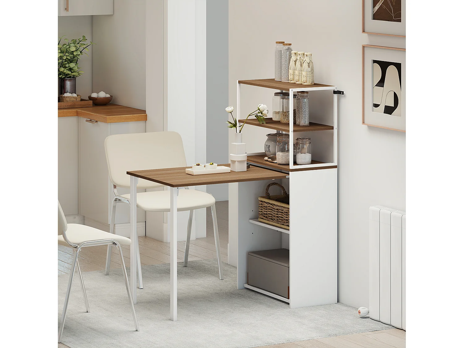 Bureau pliable rabattable - bureau bibliothèque 2 en 1 - 4 étagères - acier blanc effet bois naturel