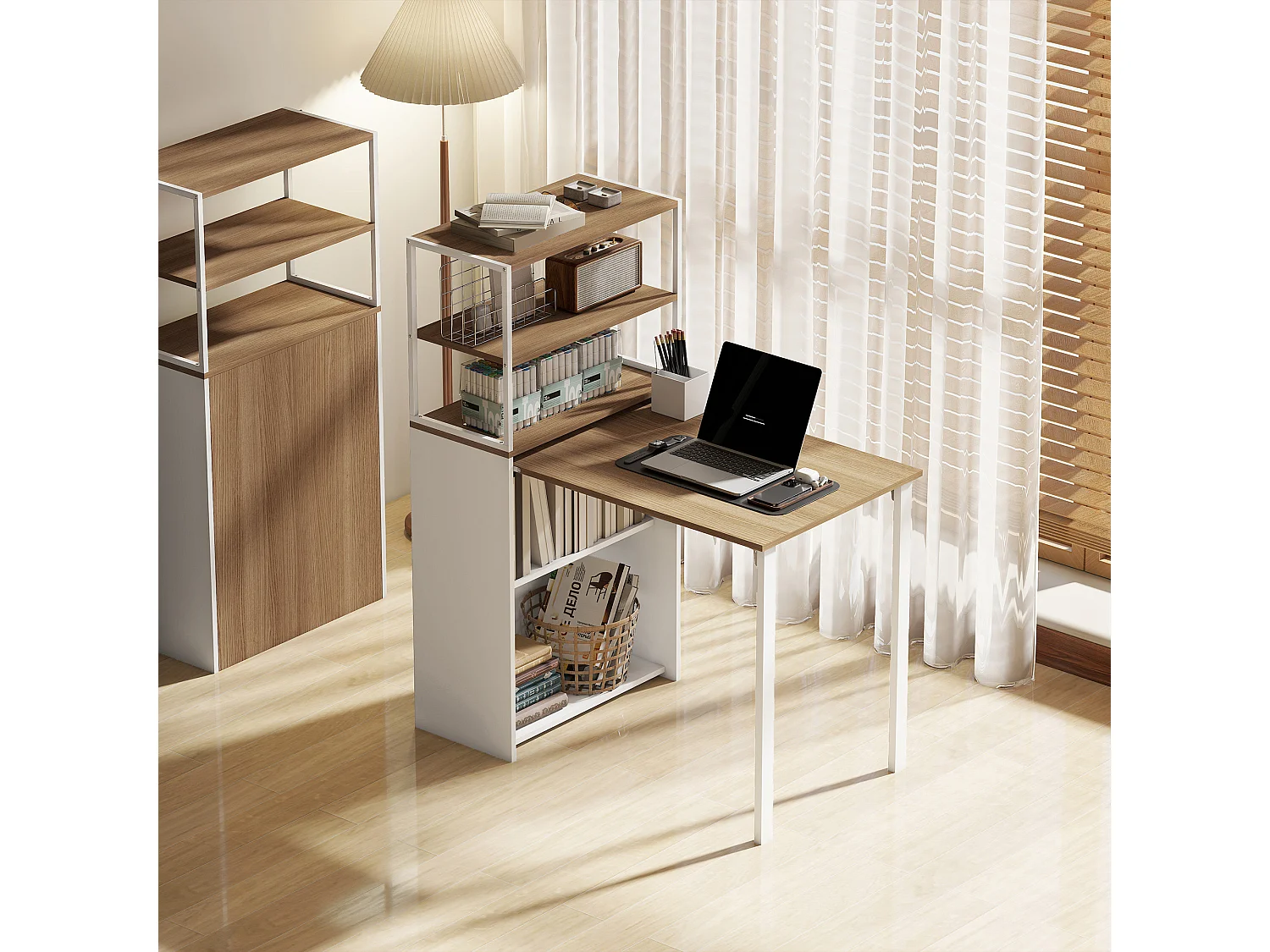 Bureau pliable rabattable - bureau bibliothèque 2 en 1 - 4 étagères - acier blanc effet bois naturel