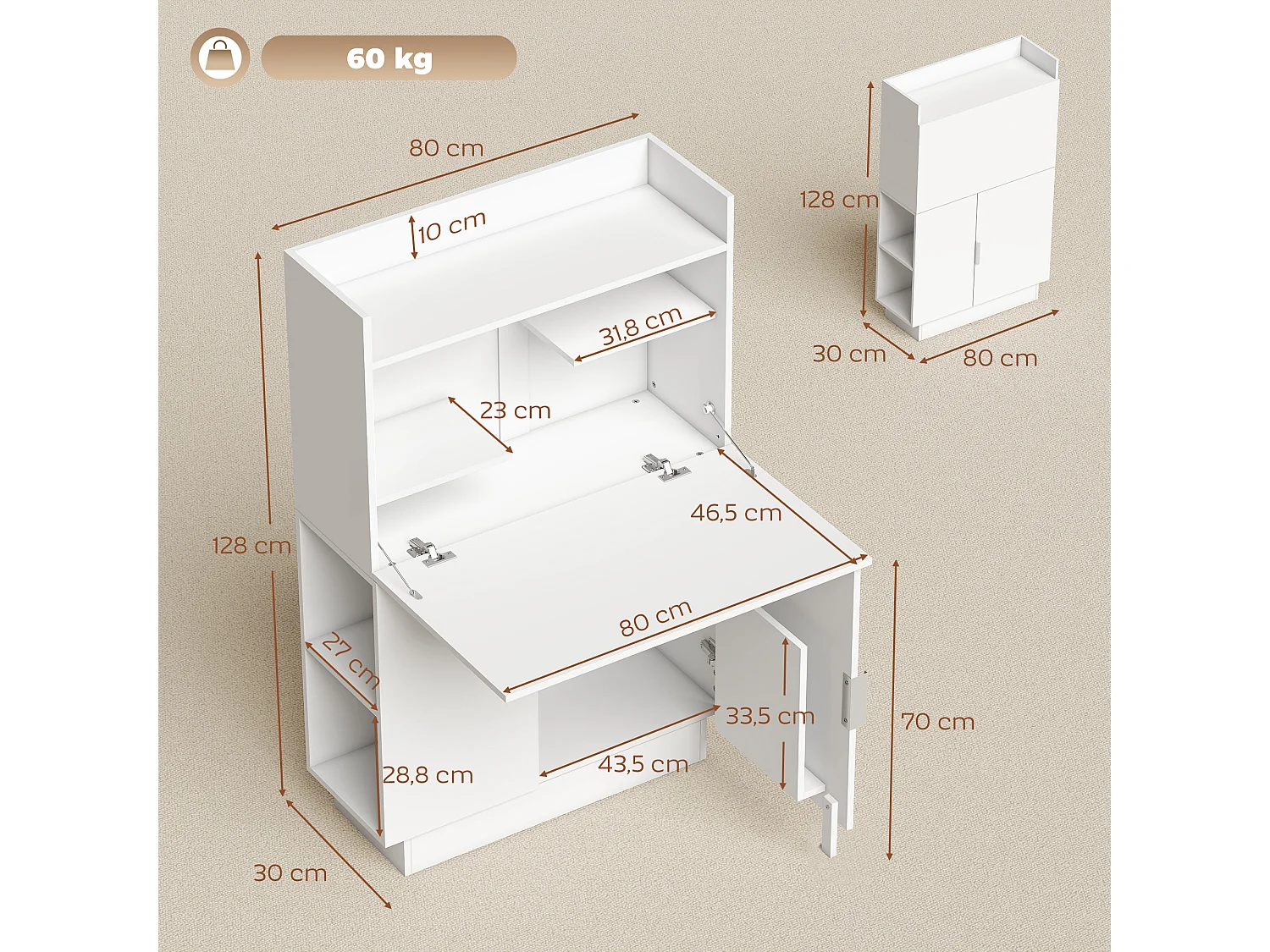 Bureau pliable design multi-rangement blanc