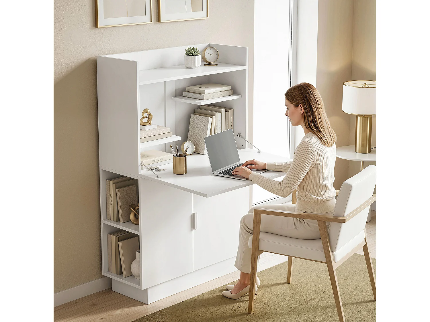 Bureau pliable design multi-rangement blanc