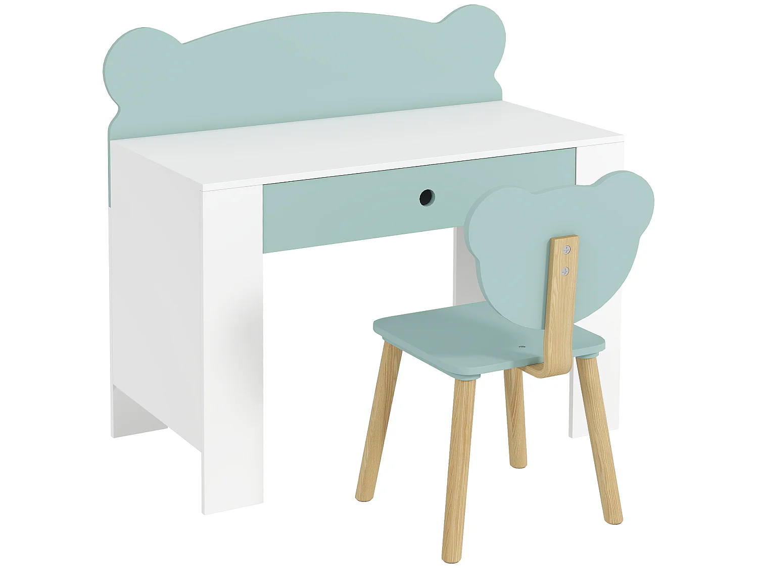 Ensemble bureau et chaise enfant design ourson - grand tiroir - blanc vert d'eau