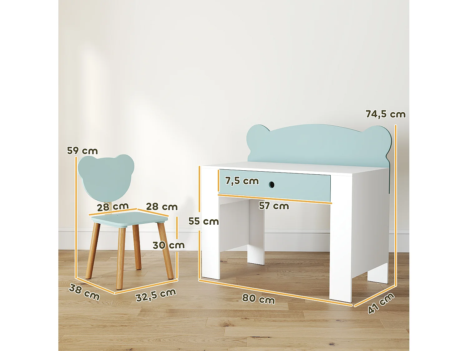 Ensemble bureau et chaise enfant design ourson - grand tiroir - blanc vert d'eau