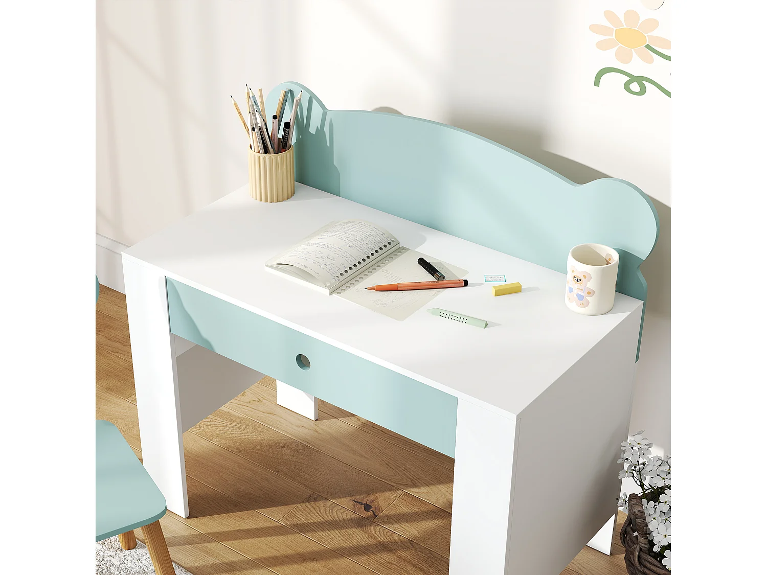 Ensemble bureau et chaise enfant design ourson - grand tiroir - blanc vert d'eau