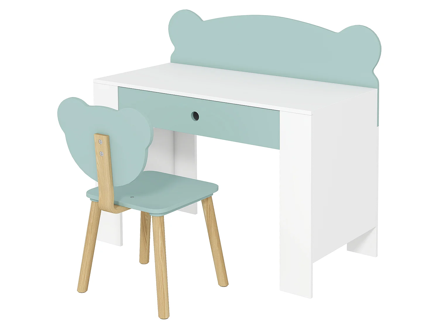 Ensemble bureau et chaise enfant design ourson - grand tiroir - blanc vert d'eau