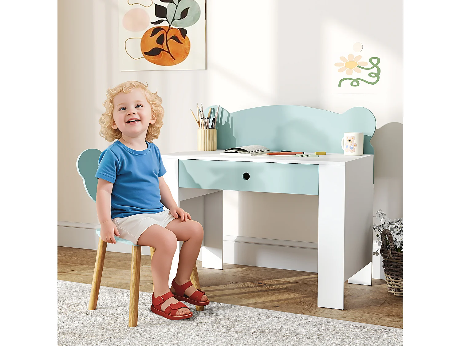 Ensemble bureau et chaise enfant design ourson - grand tiroir - blanc vert d'eau