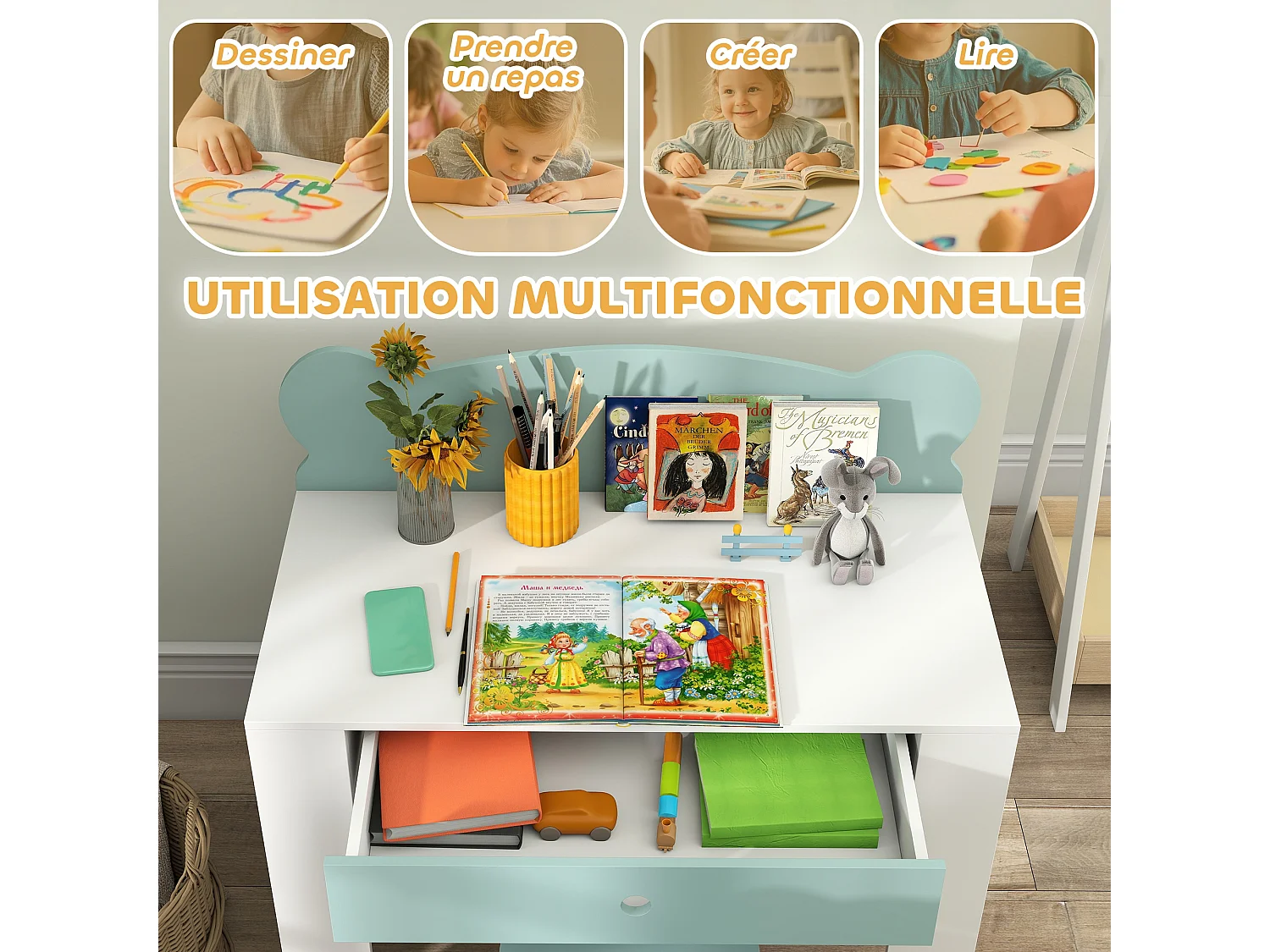 Ensemble bureau et chaise enfant design ourson - grand tiroir - blanc vert d'eau