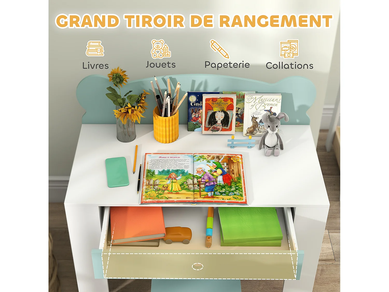Ensemble bureau et chaise enfant design ourson - grand tiroir - blanc vert d'eau