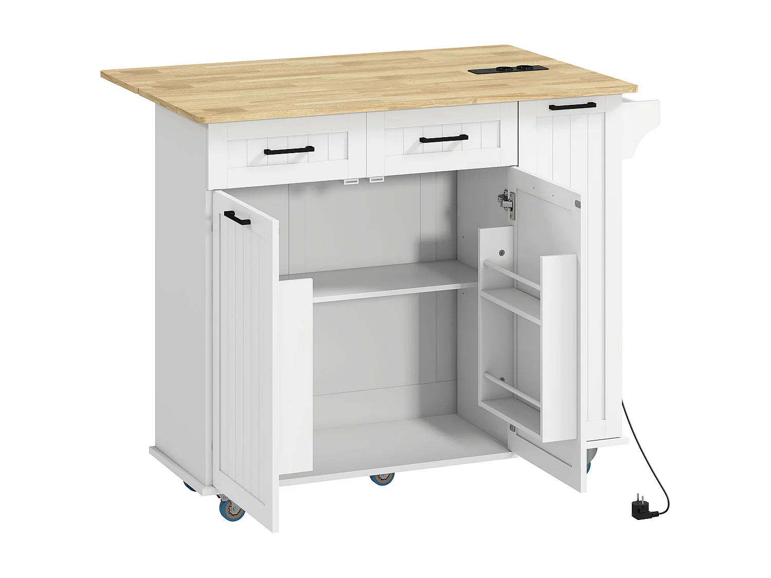 Desserte îlot central de cuisine  multi-rangement - prises secteur, ports USB - blanc effet bois clair