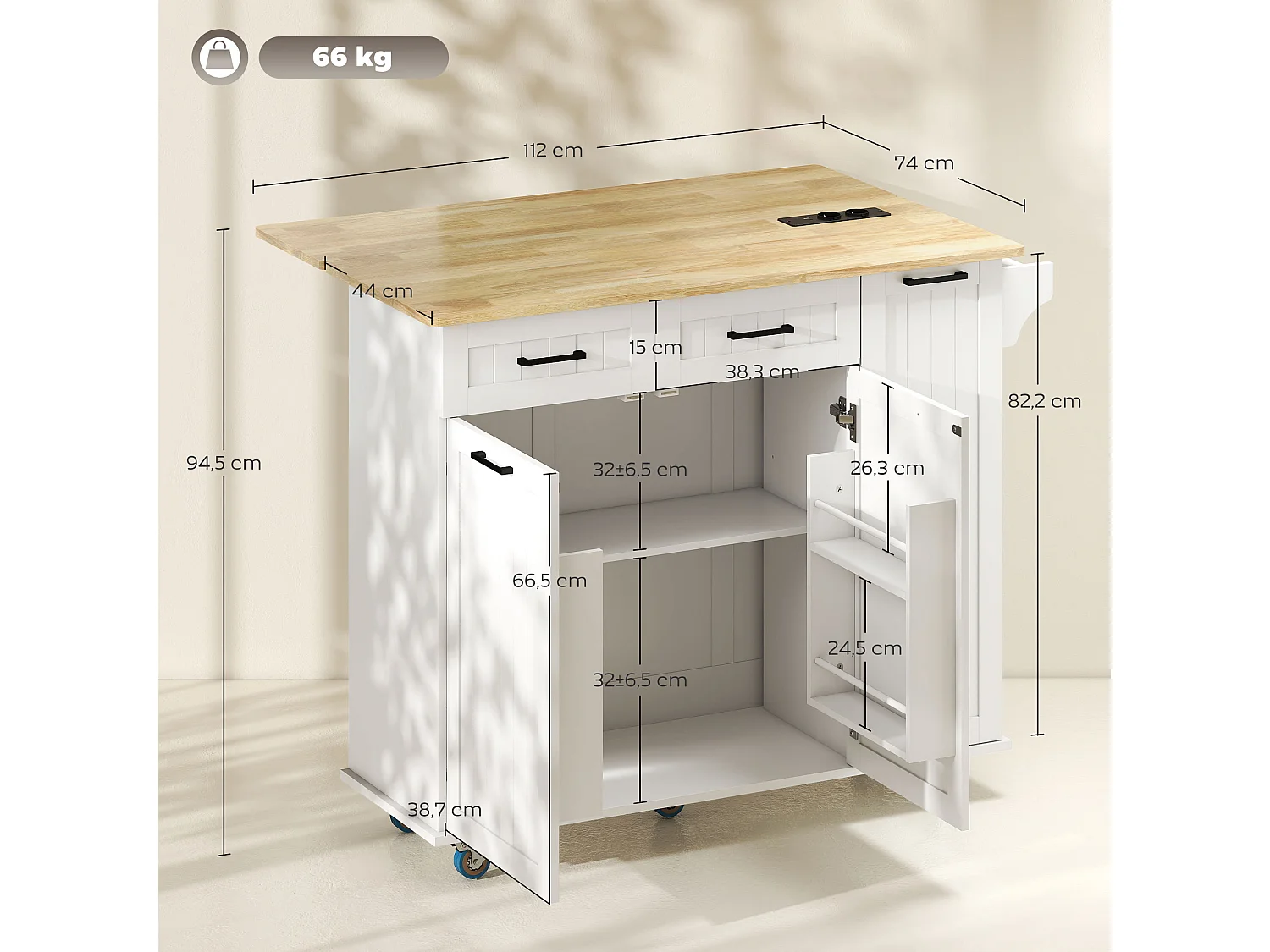 Desserte îlot central de cuisine  multi-rangement - prises secteur, ports USB - blanc effet bois clair