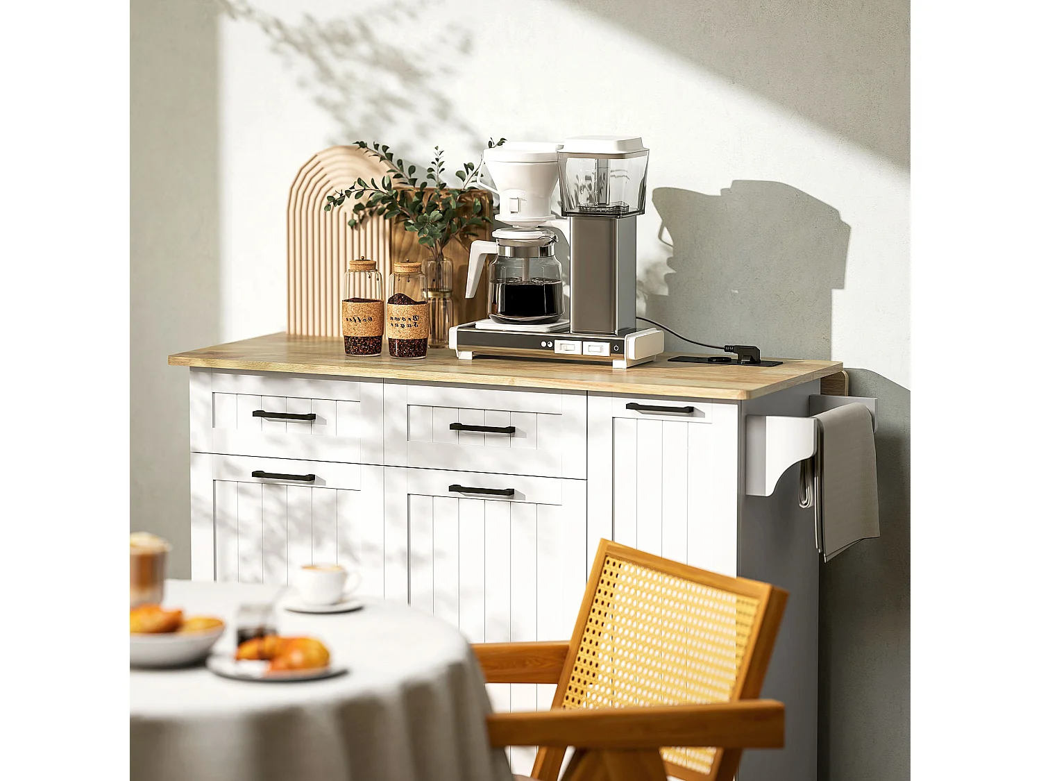 Desserte îlot central de cuisine  multi-rangement - prises secteur, ports USB - blanc effet bois clair