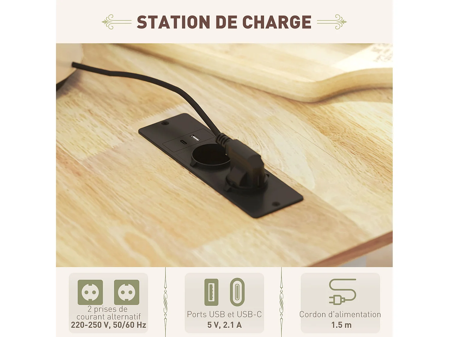Desserte îlot central de cuisine  multi-rangement - prises secteur, ports USB - blanc effet bois clair