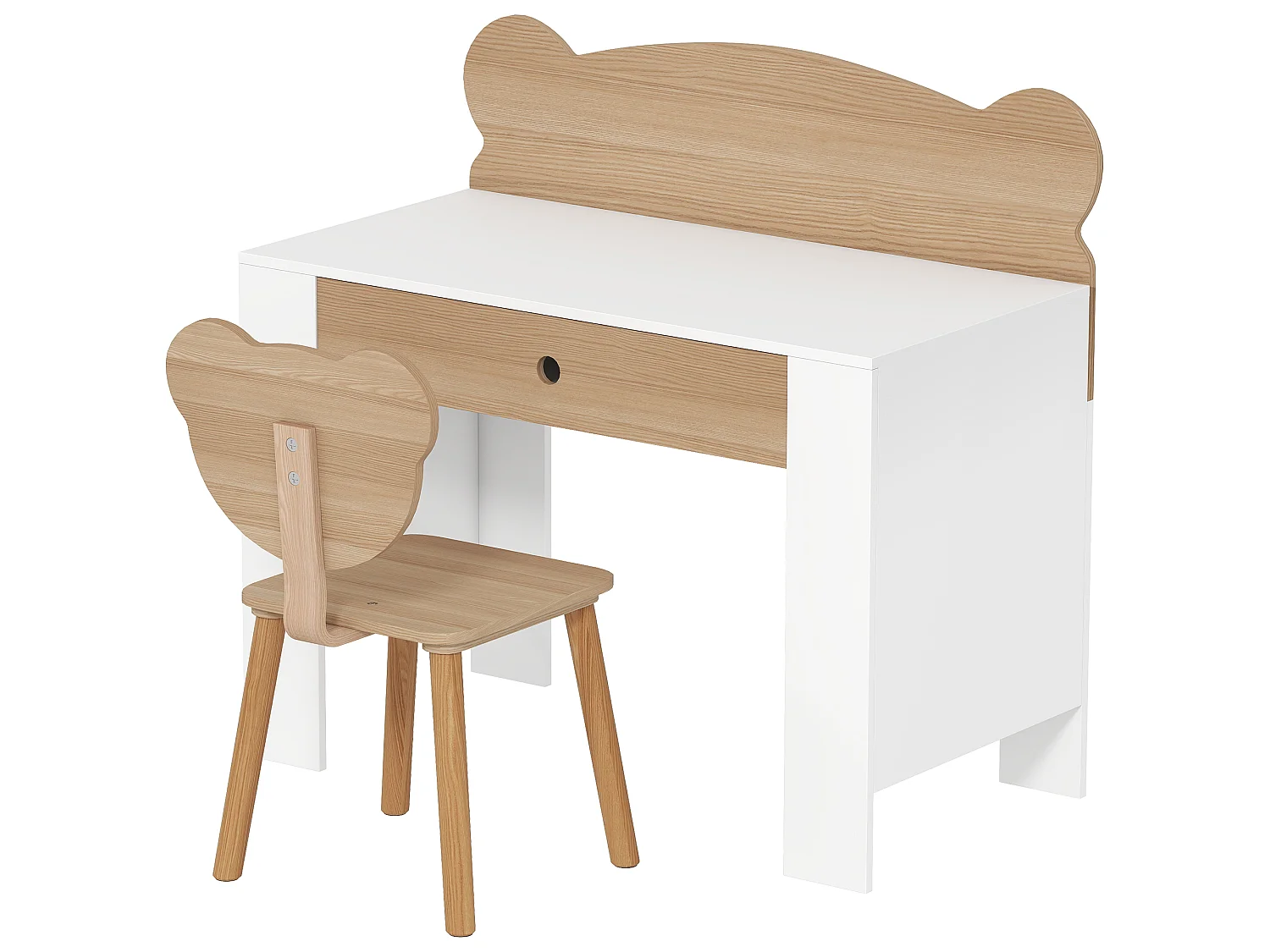Ensemble bureau et chaise enfant design ourson - grand tiroir - blanc effet bois naturel