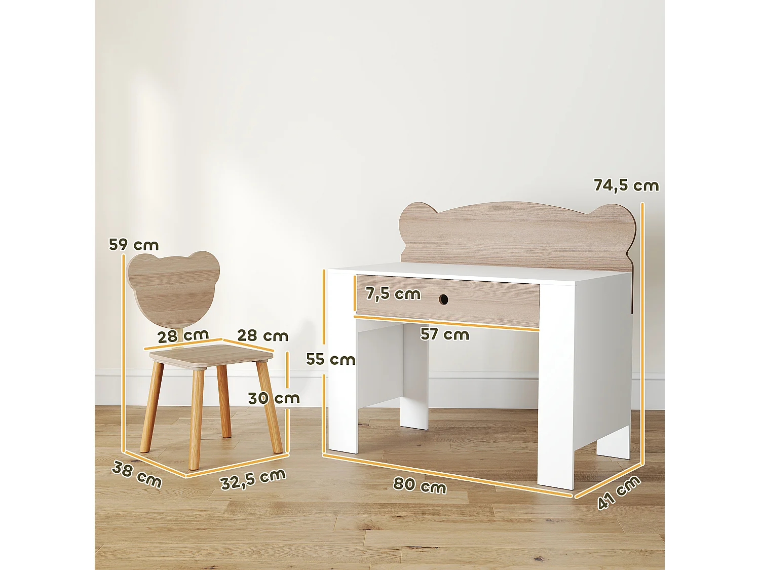 Ensemble bureau et chaise enfant design ourson - grand tiroir - blanc effet bois naturel