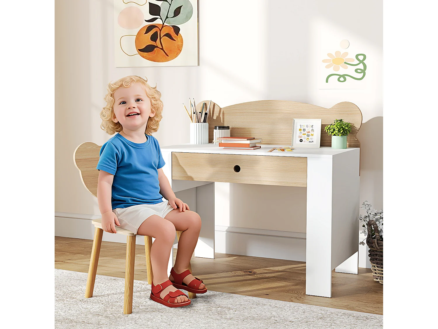 Ensemble bureau et chaise enfant design ourson - grand tiroir - blanc effet bois naturel
